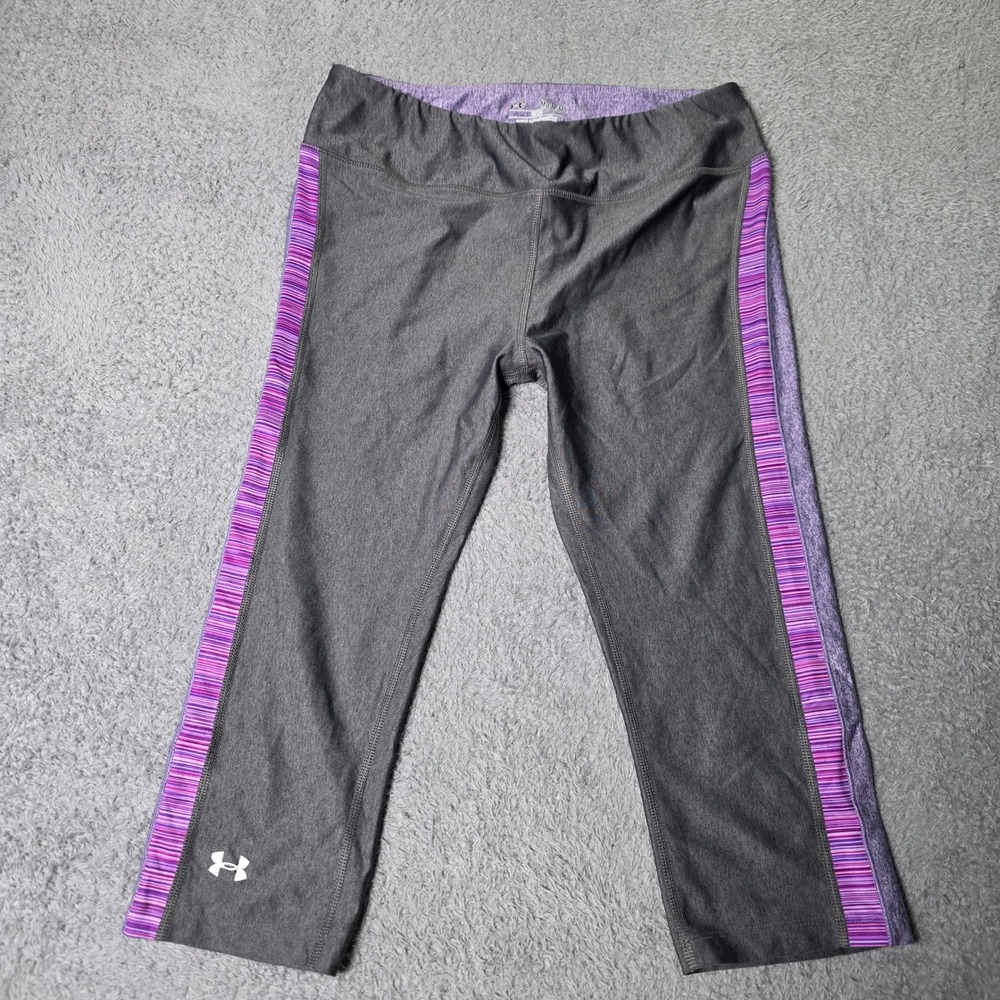 Under Armour Womens Medium Capri Leggings Gray Purple HeatGear Fitted Striped